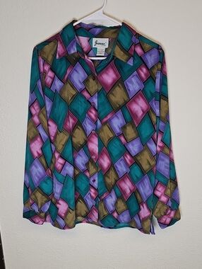 JoAnna Multi-Color Geometric Button-Down Shirt in Teal, Purple & Olive NWOT